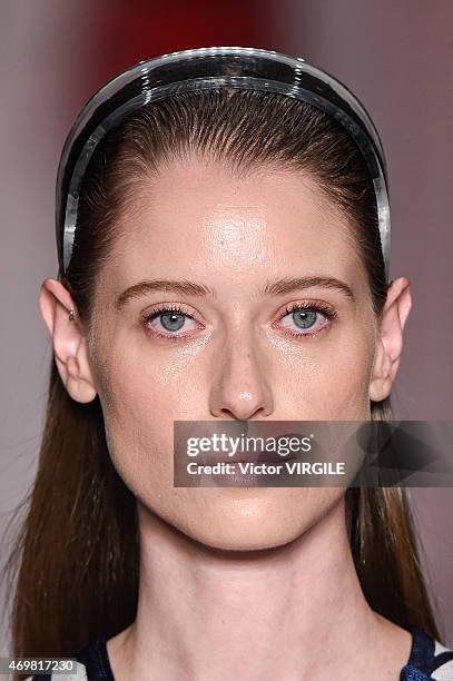 Model walks the runway at Sacada show during the SPFW Summer 2016 at Parque Candido Portinari on April 14, 2015 in Sao Paulo, Brazil.