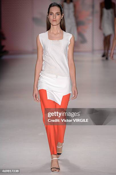 Model walks the runway at Sacada show during the SPFW Summer 2016 at Parque Candido Portinari on April 14, 2015 in Sao Paulo, Brazil.