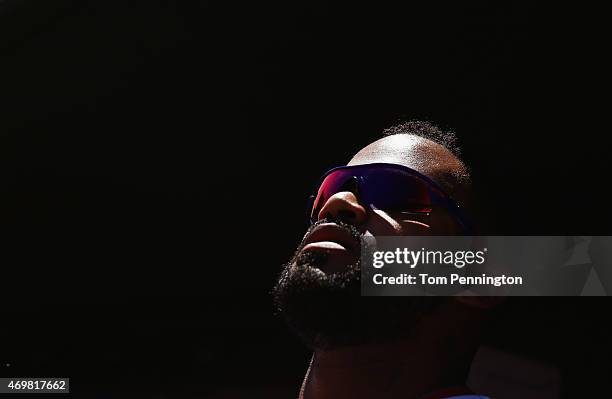 Prince Fielder of the Texas Rangers prepares to bat against the Los Angeles Angels in the bottom of the first inning at Globe Life Park in Arlington...