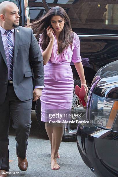 Camila Alves is seen arriving at her hotel barefoot on April 15, 2015 in New York City.