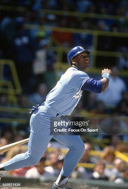 Bo Jackson of the Kansas City Royals bats against the Chicago White Sox during an Major League Baseball game circa 1987 at Comiskey Park in Chicago,...
