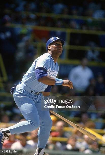 Bo Jackson of the Kansas City Royals bats against the Chicago White Sox during an Major League Baseball game circa 1987 at Comiskey Park in Chicago,...