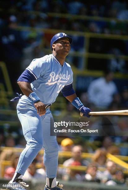 Bo Jackson of the Kansas City Royals bats against the Chicago White Sox during an Major League Baseball game circa 1987 at Comiskey Park in Chicago,...