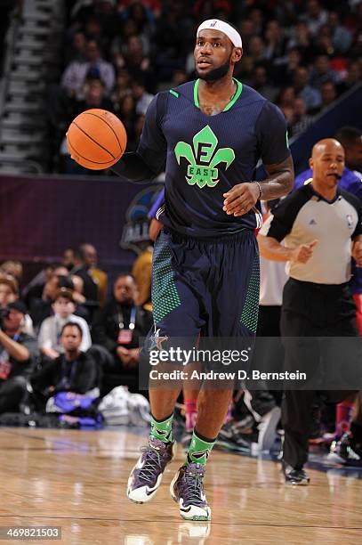 LeBron James of the Eastern Conference All-Stars handles the basketball during the 2014 NBA All-Star Game as part of the 2014 All-Star Weekend at...