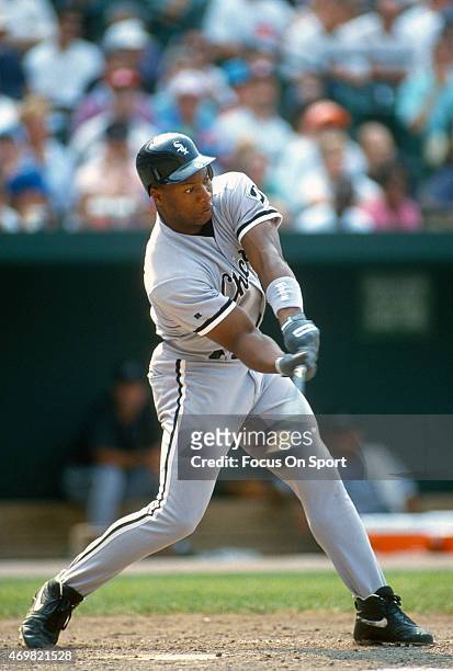 Bo Jackson of the Chicago White Sox bats against the Baltimore Orioles during an Major League Baseball game circa 1993 at Oriole Park at Camden...