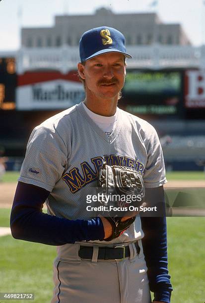 Pitcher Randy Johnson of the Seattle Mariners poses for this portrait prior to the start of a Major League Baseball game against the New York Yankees...
