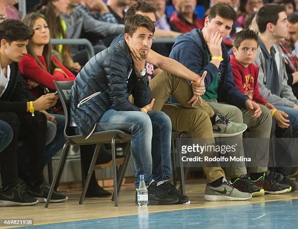 Stoke City football player Bojan Krkic attends the 2014-2015 Turkish Airlines Euroleague Basketball Play Off Game 1 between FC Barcelona v Olympiacos...