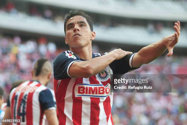 Omar Bravo of Chivas celebrates a socred goal during a match between Chivas and Queretaro as part of the Clausura 2014 Liga MX at Omnilfe Stadium on...