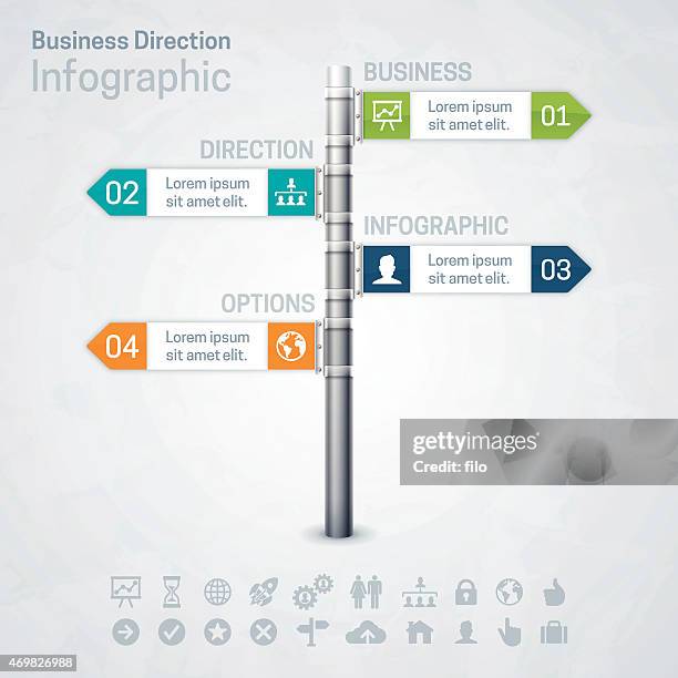 business direction street sign infographic - company history info graphic stock illustrations