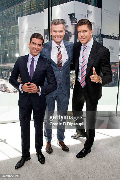 Luis D. Ortiz, Ryan Serhant, and Fredrik Eklund of "Million Dollar Listing New York" visit "Extra" at their New York studios at H&M in Times Square...