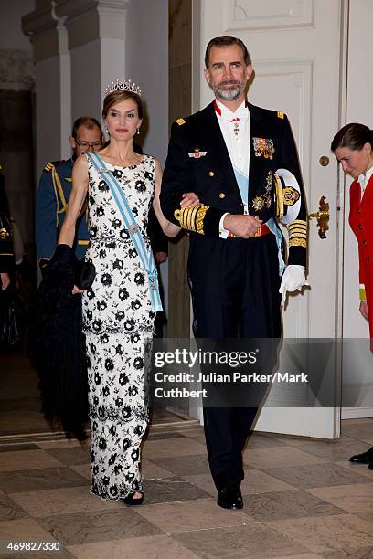 Queen Letizia of Spain and King Felipe of Spain attend a Gala Dinner at Christiansborg Palace on the eve of the 75th Birthday of Queen Margrethe of...