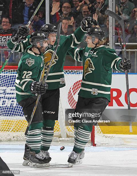 Julius Bergman of the London Knights celebrates his goal against the Erie Otters during Game Four of the OHL Western Conference Semi-final at...