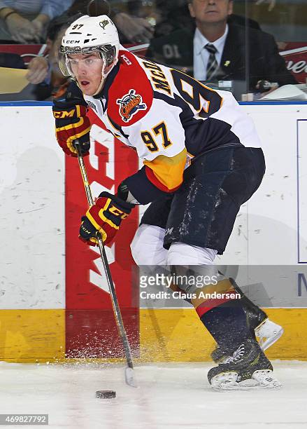 Connor McDavid of the Erie Otters skates with the puck against the London Knights during Game Four of the OHL Western Conference Semi-final at...