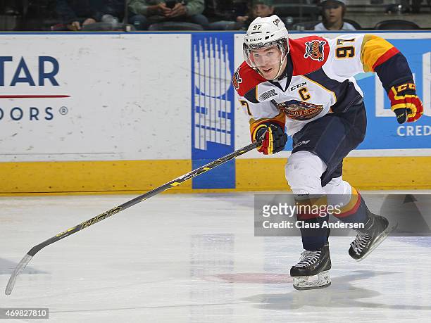 Connor McDavid of the Erie Otters skates against the London Knights during Game Four of the OHL Western Conference Semi-final at Budweiser Gardens on...