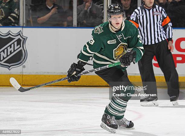 Julius Bergman of the London Knights skates against the Erie Otters during Game Four of the OHL Western Conference Semi-final at Budweiser Gardens on...