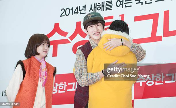 Sim Eun-Kyung and Jin-Young of B1A4 attend the movie 'Miss Granny' free hug event at Times Square on February 13, 2014 in Seoul, South Korea.