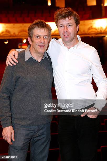 Artistic director of 'Theatre de Paris' Stephane Hillel and Co-owner of the Theater Richard Caillat pose after the last theater play of 'Nos Femmes'...