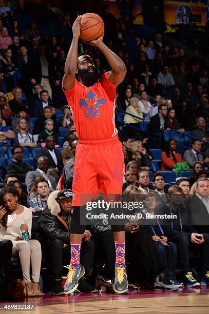 James Harden of the Western Conference All-Stars shoots during the 2014 NBA All-Star Game as part of the 2014 All-Star Weekend at Smoothie King...