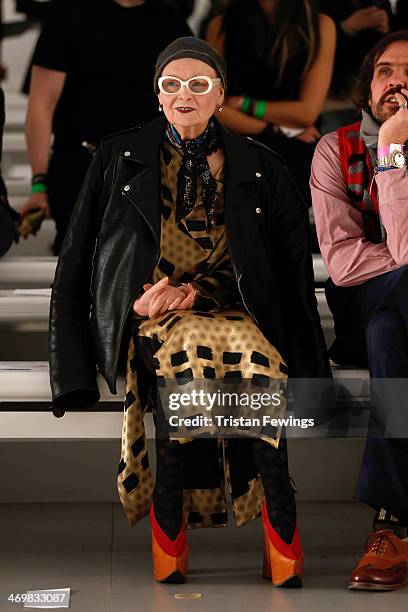 Designer Vivienne Westwood watches the run through prior to the Vivienne Westwood Red Label show at London Fashion Week AW14 at on February 16, 2014...