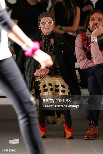 Designer Vivienne Westwood watches the run through prior to the Vivienne Westwood Red Label show at London Fashion Week AW14 at on February 16, 2014...