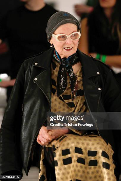 Designer Vivienne Westwood watches the run through prior to the Vivienne Westwood Red Label show at London Fashion Week AW14 at on February 16, 2014...