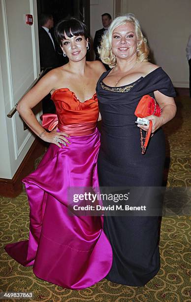 Lily Allen and mother Alison Owen attend the official dinner party after the EE British Academy Film Awards at The Grosvenor House Hotel on February...