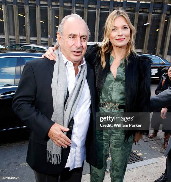 Philip Green and Kate Moss are sighted arriving at Unique A/W14 catwalk show during London Fashion Week on February 16, 2014 in London, England.