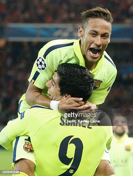 Luis Suarez of Barcelona FC celebrate his second with Neymar jr during the UEFA Champions League Quarter Final: First leg between Paris Saint-Germain...