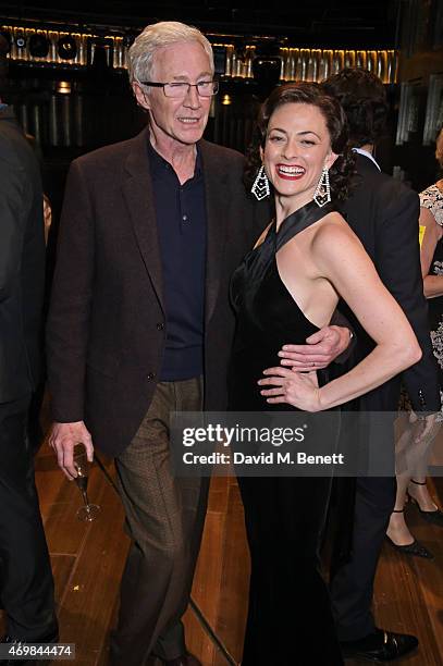 Paul O'Grady and Lara Pulver attend a post show drinks reception on stage following the press night performance of "Gypsy" at The Savoy Theatre on...