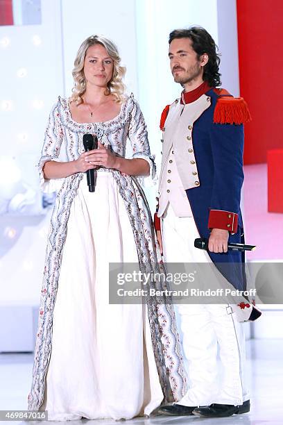 Team of Musical Comedy 'Marie Antoinette et le Chevalier de Maison Rouge' Aurore Delplace and Mickael Miro perform during the 'Vivement Dimanche'...