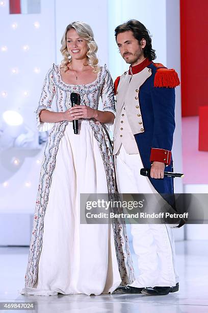 Team of Musical Comedy 'Marie Antoinette et le Chevalier de Maison Rouge' Aurore Delplace and Mickael Miro perform during the 'Vivement Dimanche'...