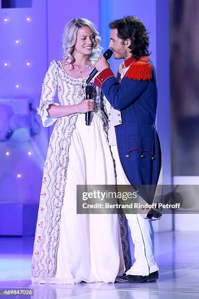 Team of Musical Comedy 'Marie Antoinette et le Chevalier de Maison Rouge' Aurore Delplace and Mickael Miro perform during the 'Vivement Dimanche'...