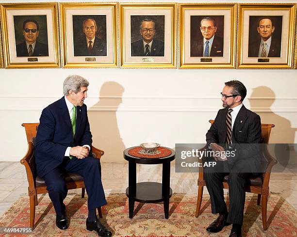 Secretary of State John Kerry meets with Indonesian Foreign Minister Marty Natalegawa at the Pancasila in Jakarta on February 17, 2014. Kerry slammed...