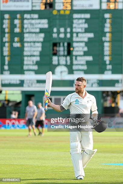 Brendon McCullum of New Zealand salutes the crowd after finishing the day on 281 runs during day four of the 2nd Test match between New Zealand and...