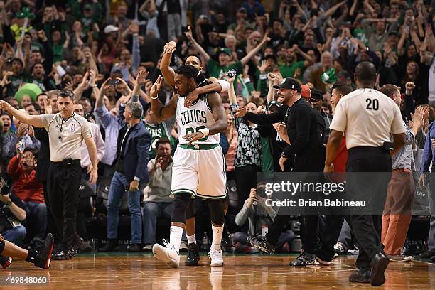 Jae Crowder of the Boston Celtics celebrates during a game against the Toronto Raptors on April 14, 2015 at the TD Garden in Boston, Massachusetts....