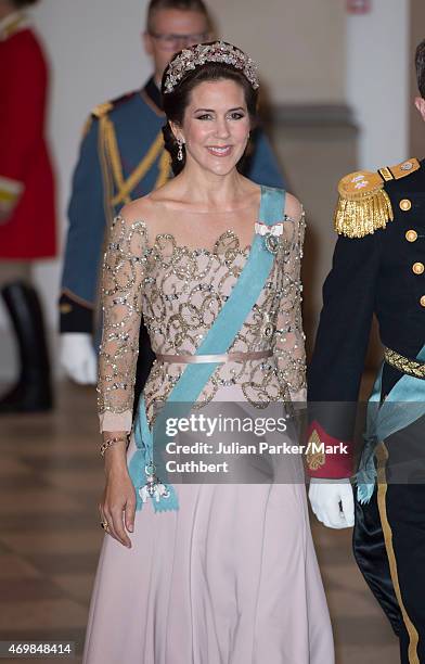 Crown Princess Mary of Denmark attends a gala dinner at Christiansborg Palace on the eve of the 75th Birthday of Queen Margrethe II of Denmark on...