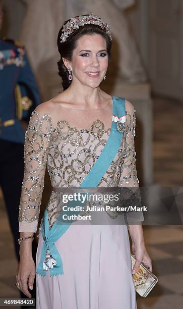 Crown Princess Mary of Denmark attends a gala dinner at Christiansborg Palace on the eve of the 75th Birthday of Queen Margrethe II of Denmark on...