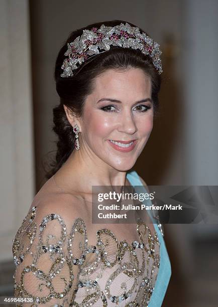 Crown Princess Mary of Denmark attends a gala dinner at Christiansborg Palace on the eve of the 75th Birthday of Queen Margrethe II of Denmark on...