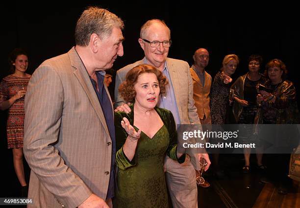 Jim Carter, Imelda Staunton and Jim Broadbent attend a post show drinks reception on stage following the press night performance of "Gypsy" at The...