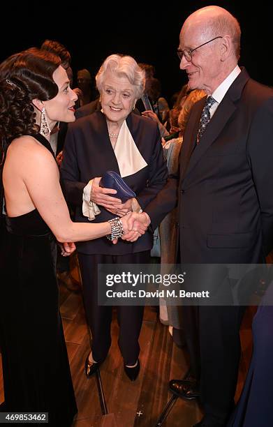 Lara Pulver, Dame Angela Lansbury and Robert Callely attend a post show drinks reception on stage following the press night performance of "Gypsy" at...