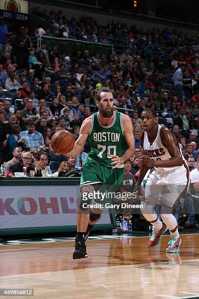 Luigi Datome of the Boston Celtics drives to the basket against the Milwaukee Bucks on April 15, 2015 at the BMO Harris Bradley Center in Milwaukee,...