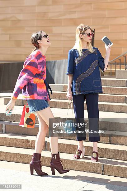 Chloe Hill and Natalie Cantel attend Mercedes-Benz Fashion Week Australia 2015 at Art Gallery of NSW on April 16, 2015 in Sydney, Australia.