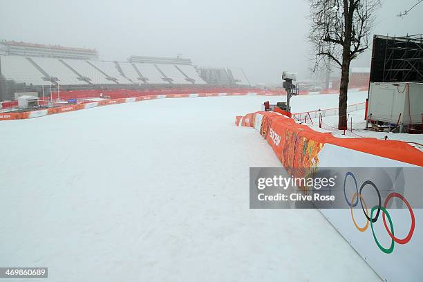 General view of the alpine finish area as training is restricted due to bad weather on day 10 of the Sochi 2014 Winter Olympics at on February 17,...