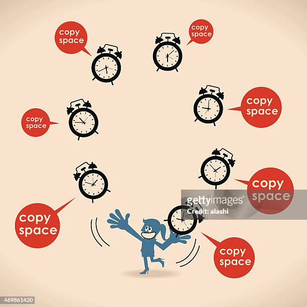 smiling woman (businesswoman) juggling with alarm clocks (time) - woman juggling stock illustrations