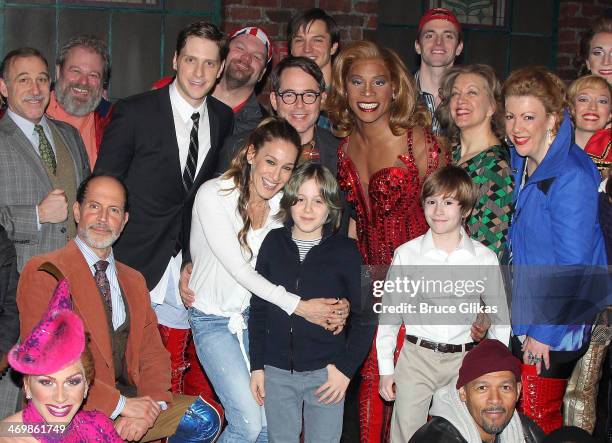 Sarah Jessica Parker, Matthew Broderick and son James Wilkie Broderick pose with the cast backstage at the hit musical "Kinky Boots" on Broadway at...