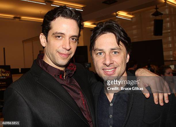 Nick Cordero and Zach Braff pose backstage at the new musical "Bullets Over Broadway" at The St. James Theater on Broadway on February 16, 2014 in...