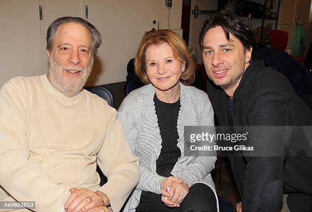 Producer Julian Schlossberg, Producer Letty Aronson and Zach Braff pose backstage at the new musical "Bullets Over Broadway" at The St. James Theater...