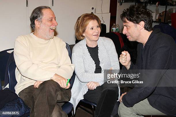Producer Julian Schlossberg, Producer Letty Aronson and Zach Braff chat backstage at the new musical "Bullets Over Broadway" at The St. James Theater...