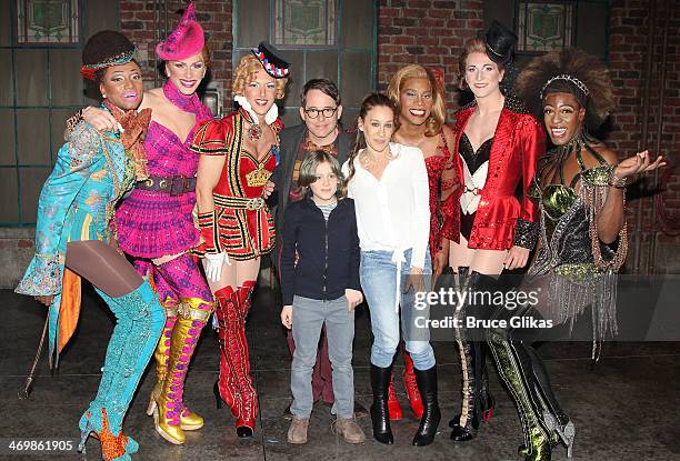 Matthew Broderick, James Wilkie Broderick and Sarah Jessica Parker pose with Billy Porter as "Lola" &"The Angels" backstage at the hit musical "Kinky...