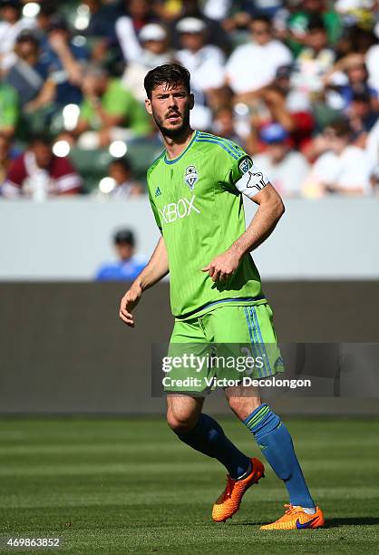 Brad Evans of the Seattle Sounders FC plays his defensive position against the Los Angeles Galaxy during the MLS match at StubHub Center on April 12,...